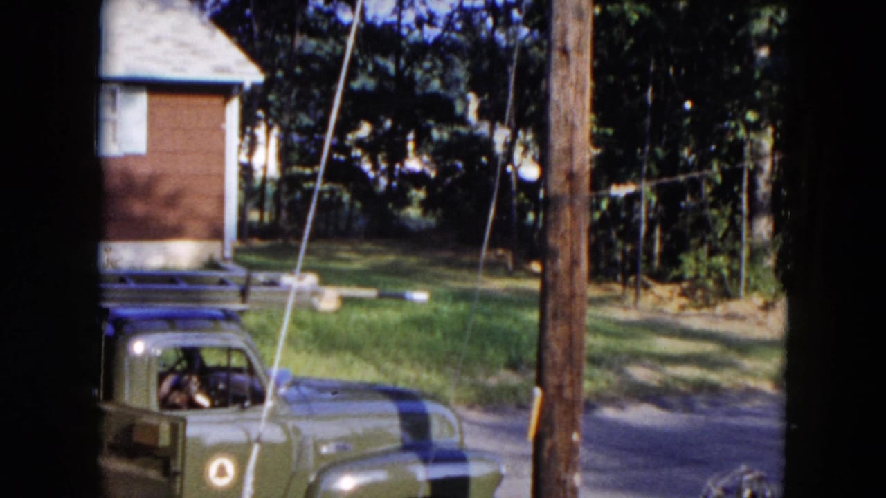 Green truck parked near a wooden utility pole, grassy lot, trees, and a brick building.