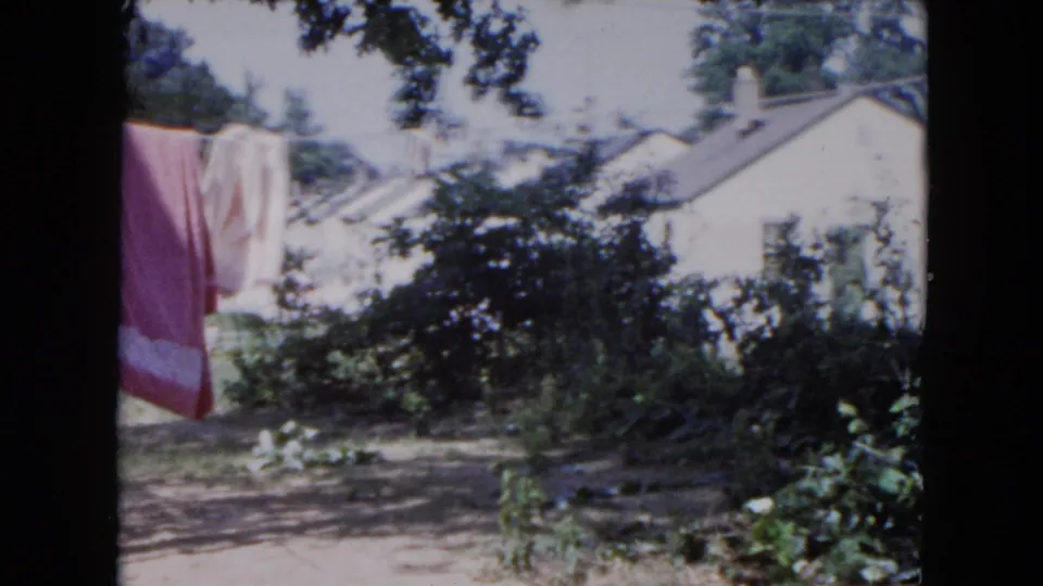 1954 Hicksville home-movie frame showing laundry on a clothesline near shrubs, trees, and a white suburban house.