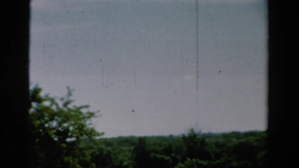 1954 California home-movie frame of distant green forest and sky seen through dark window bars.