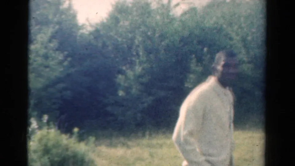 1954 California 8mm frame with an adult man in a light shirt standing near dense trees in a grassy clearing.
