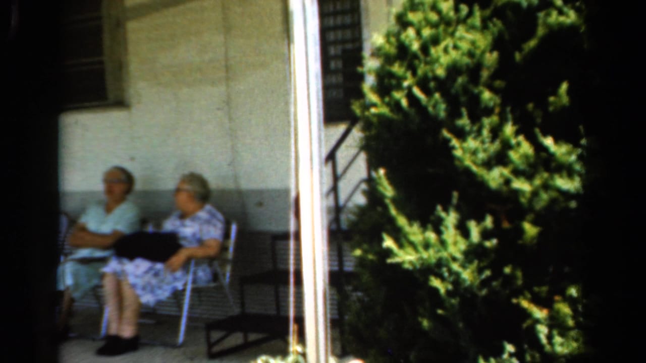Two seated women remain on the porch, partly framed by a dark window edge and shrubs.