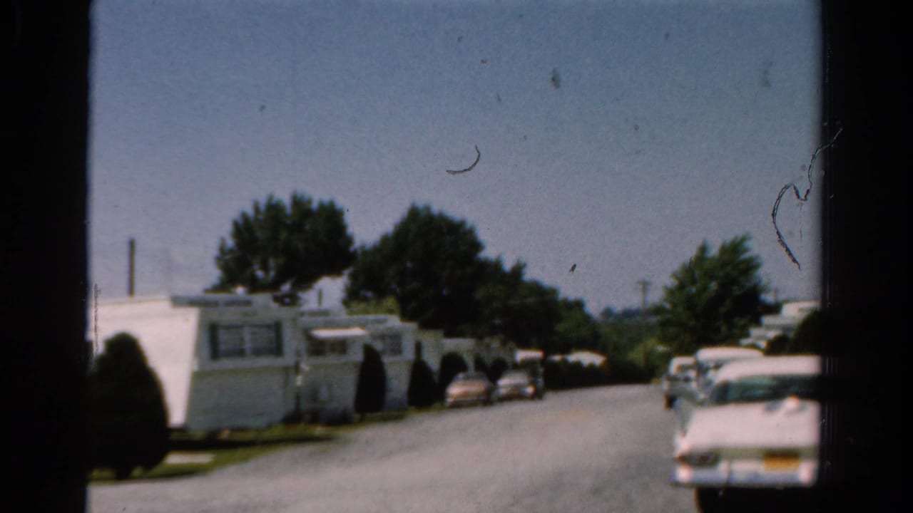 1954 California street view with trailer homes, clipped shrubs, parked cars, and a white sedan partly entering the foreground.