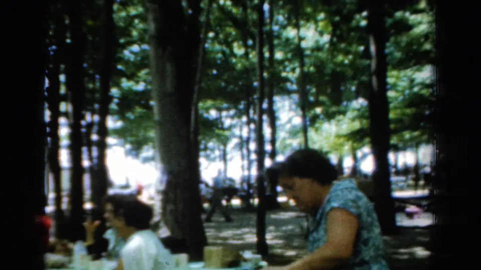 1954 California 8mm frame showing adults gathered at an outdoor meal in a shaded wooded park setting.