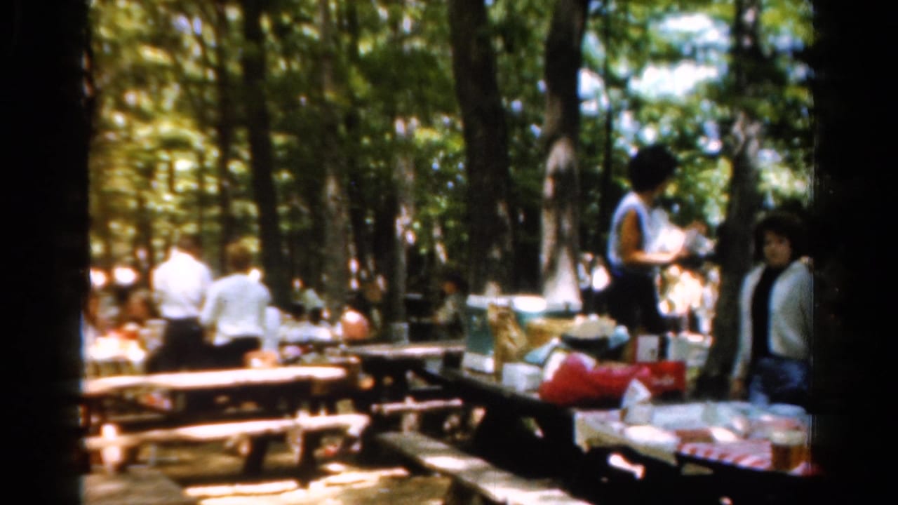 1954 California home-movie frame of adults setting up a shaded park picnic table with food, drinks, and bags visible.