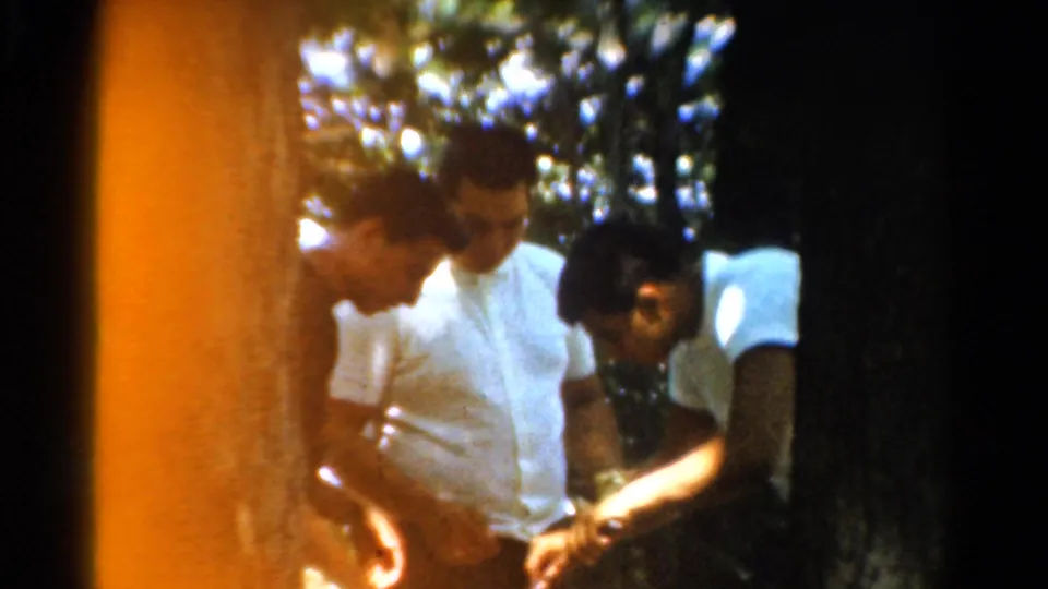 1954 California wooded scene showing several adult men in casual shirts gathered around a small item near a tree.