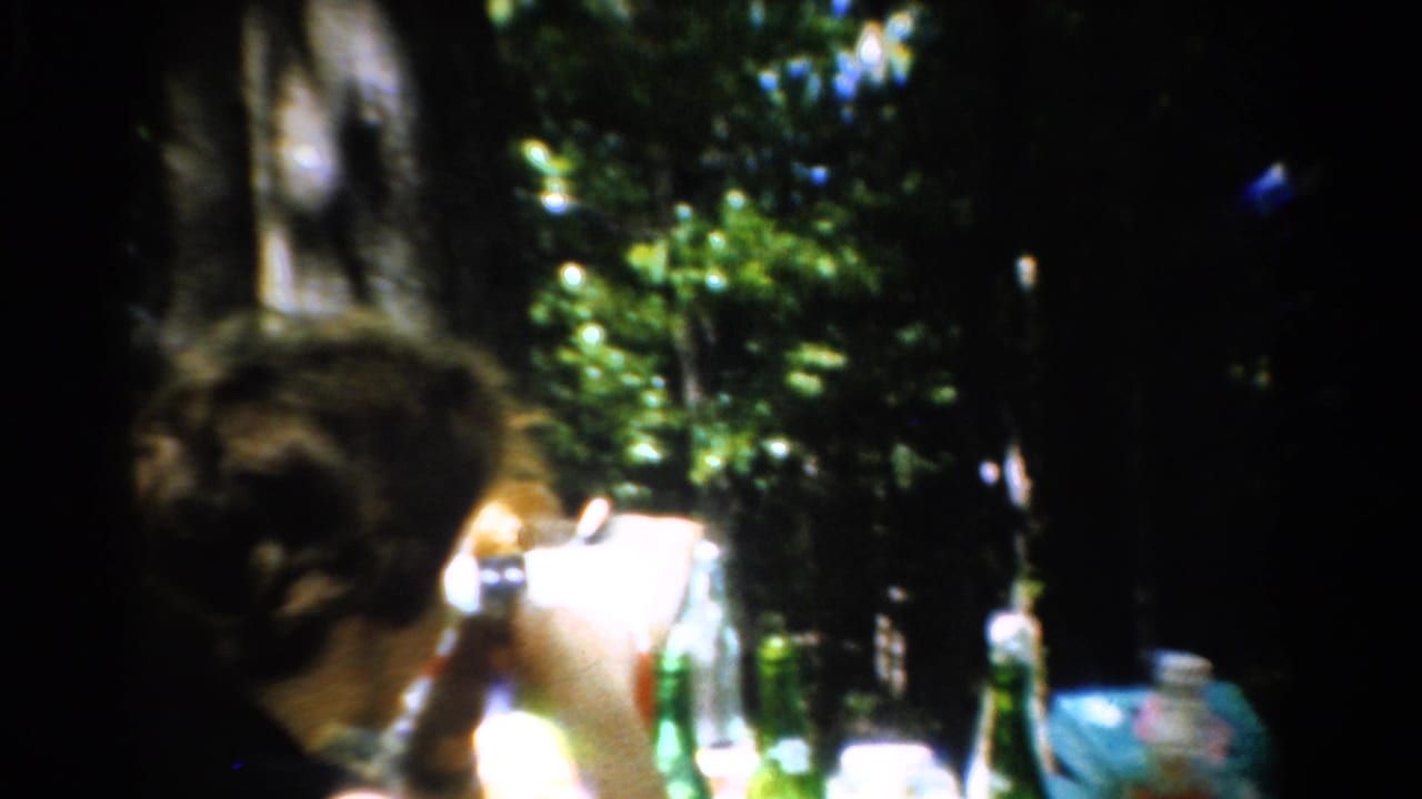 1954 California 8mm frame of a curly-haired person at an outdoor table with green bottles and trees in the background.