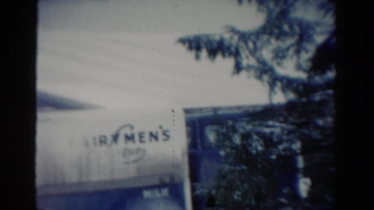 White Fairmen's Dairy truck partly obscured by evergreen branches.
