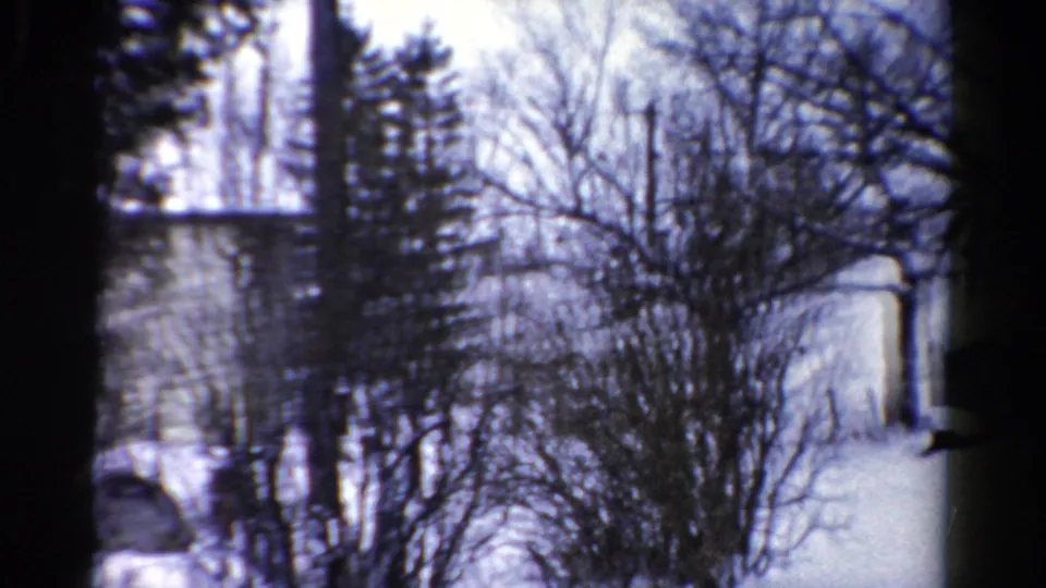 The final 1954 Toledo frame holds on snow, bare shrubs, evergreens, and a pale yellow building partly cropped at the right.