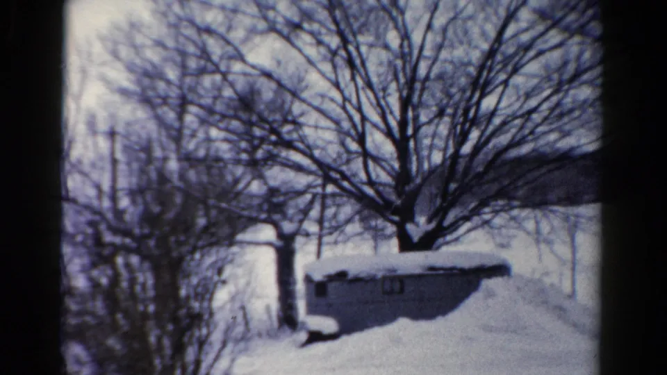 1954 Toledo winter frame showing a small shed under a large bare tree, with snow, utility poles, and a distant house edge.