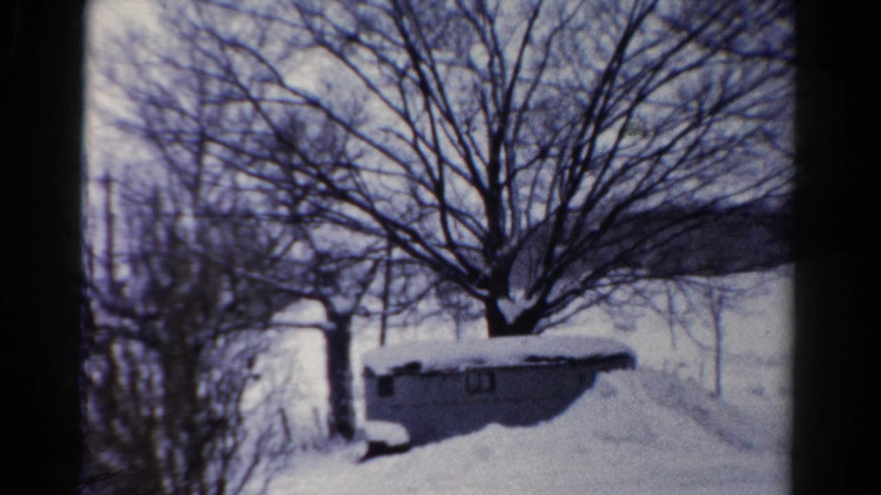 Snowy yard with a small shed, bare trees, and dark film border.