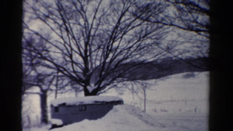 1954 Toledo, Ohio home-movie still showing a snowy yard with bare trees, a low shed, and distant winter ground.