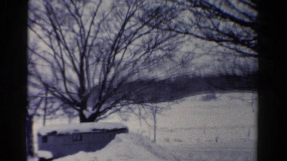 1954 Toledo, Ohio winter yard scene with a low snow-covered shed, bare trees, and open land in soft 8mm texture.