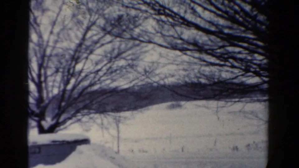 1954 Toledo 8mm frame with heavy bare branches, snow-covered ground, a low structure, and distant winter trees.