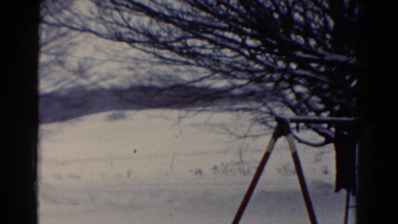 1954 Toledo winter home-movie frame showing snow-covered ground, bare branches, and a red and white swing set from a window-like view.