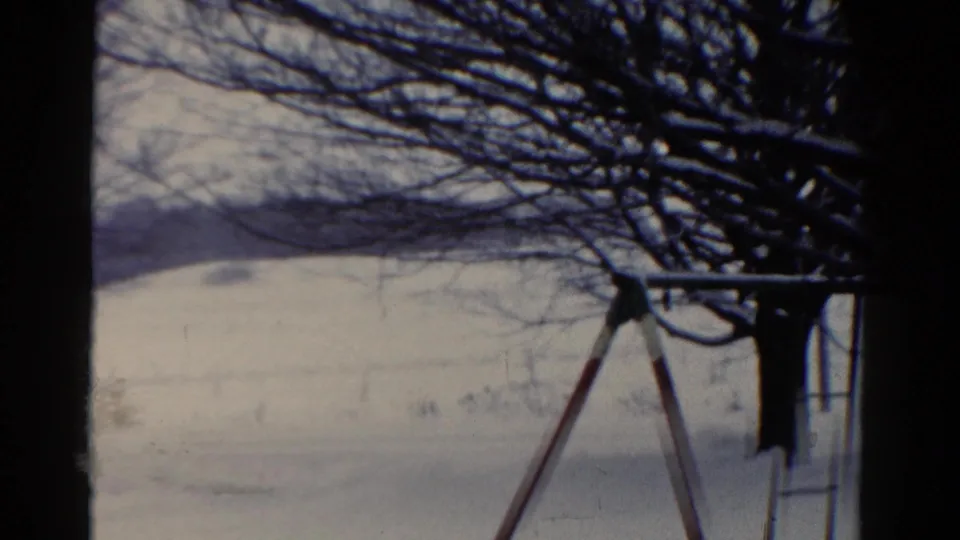 1954 Toledo winter frame with a static snowy yard, distant low hills, overhanging bare branches, and a swing set at right.