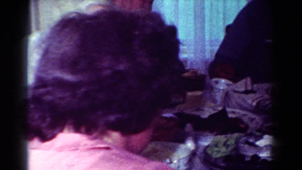 The camera catches the back of a woman's head and shoulders as she faces a busy dining table in a private Toledo home-movie scene.