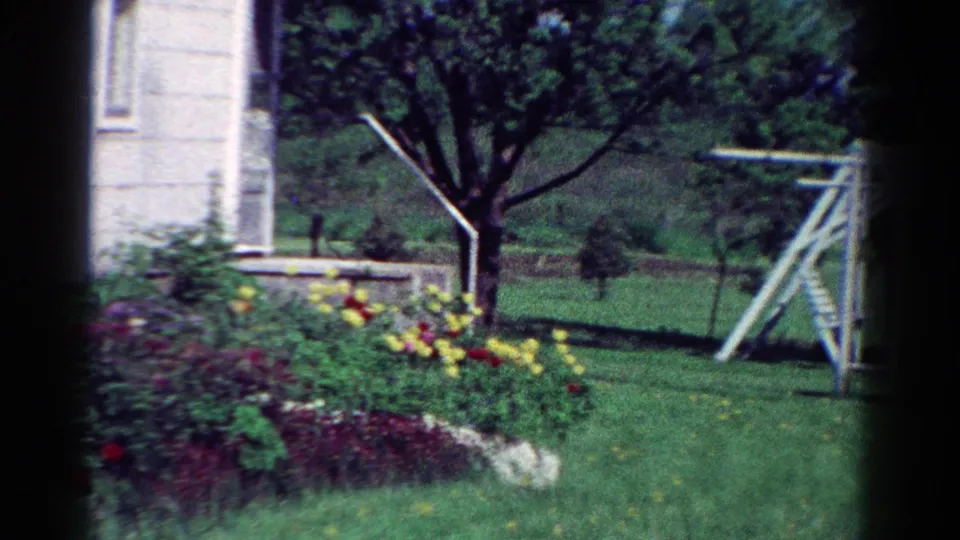 1954 Toledo home-movie still showing a manicured side yard with flowers, a tree, green grass, and a backyard swingset.