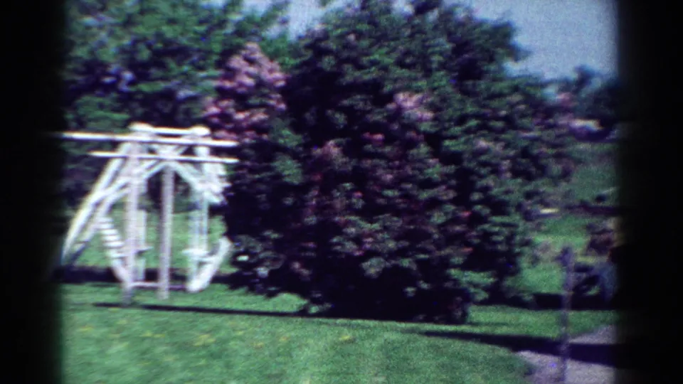 1954 Toledo backyard frame with a white swing set partly obscured by shrubs, open grass, trees, and a walkway edge.