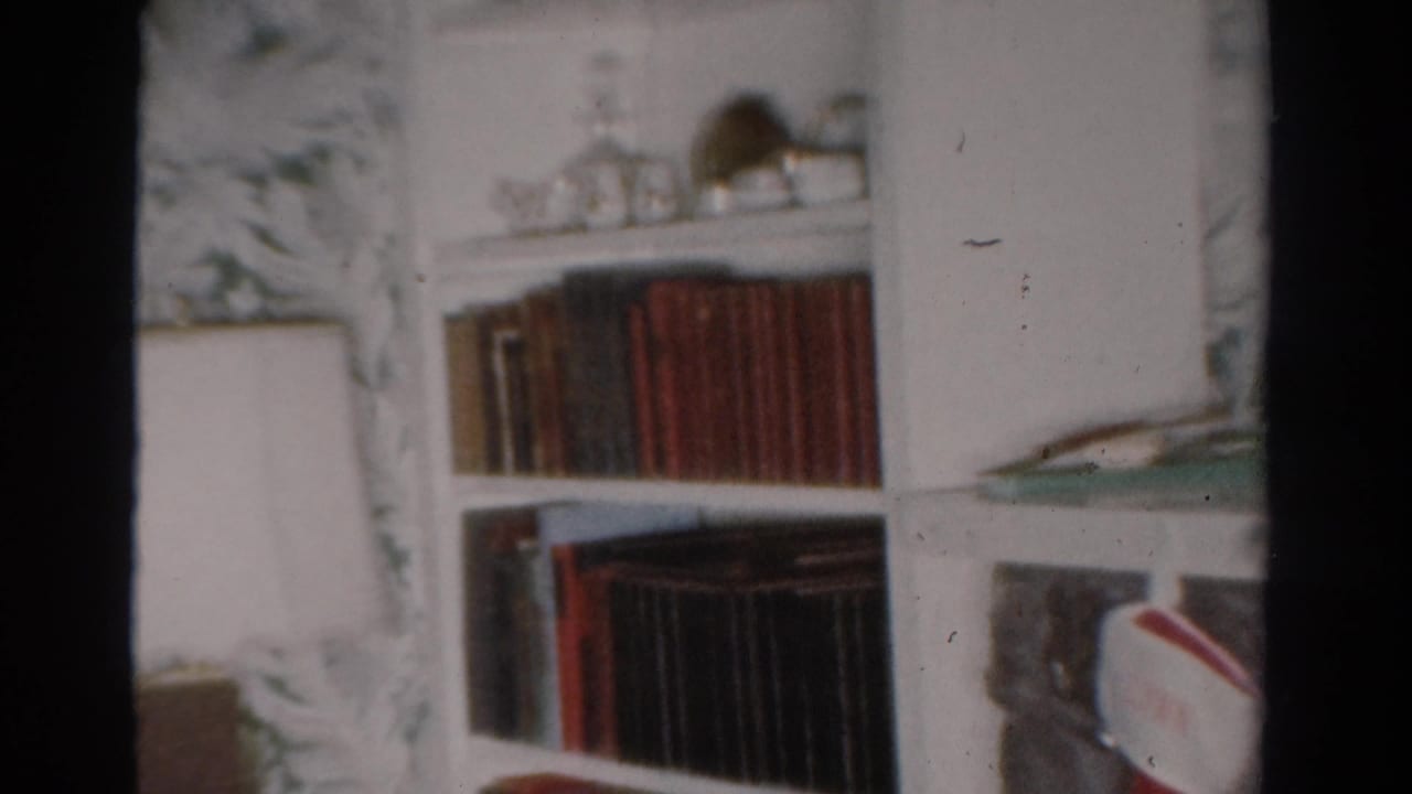 1954 Toledo living-room view with built-in shelving, books, small objects, and floral wallpaper.