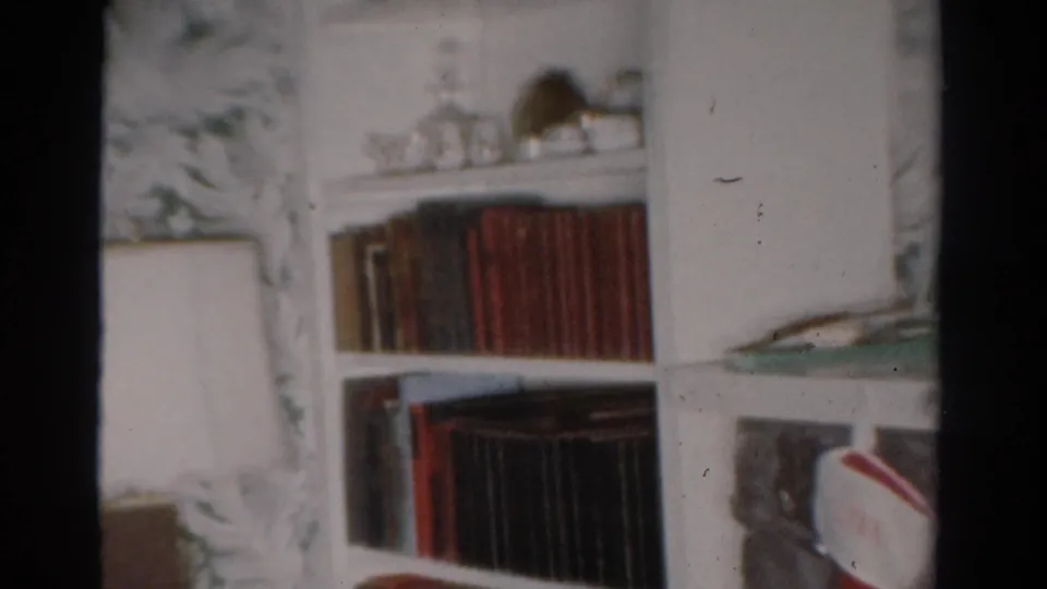 1954 Toledo living-room view with built-in shelving, books, small objects, and floral wallpaper.