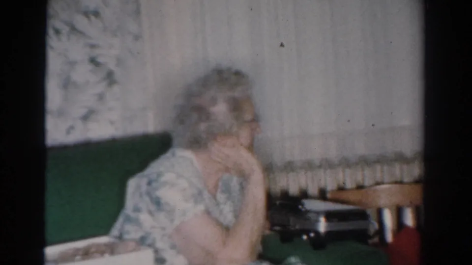 In a 1954 Toledo home interior, a woman in glasses and a patterned blue dress sits beside curtains and a radiator.