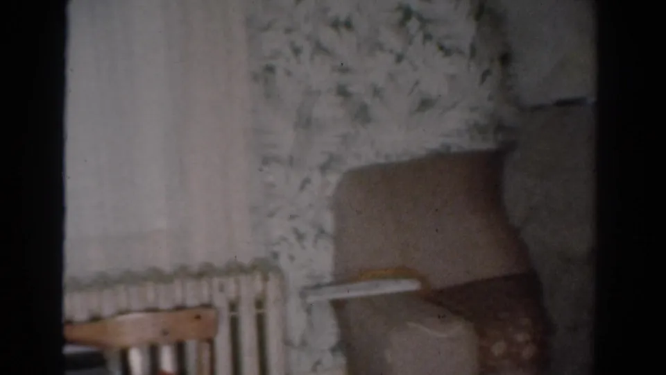 A soft 8mm view of the living room corner shows curtains, a radiator, wooden chair backs, floral wallpaper, and upholstered seating.