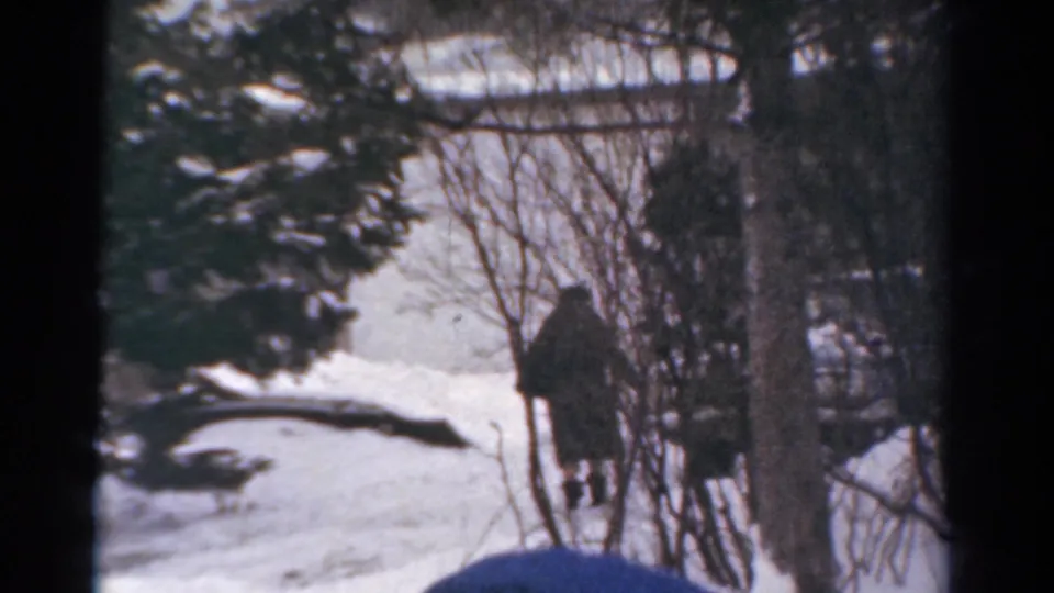 1954 Toledo home-movie frame showing snow-covered ground, winter shrubs, tree trunks, and a distant bundled person outdoors.