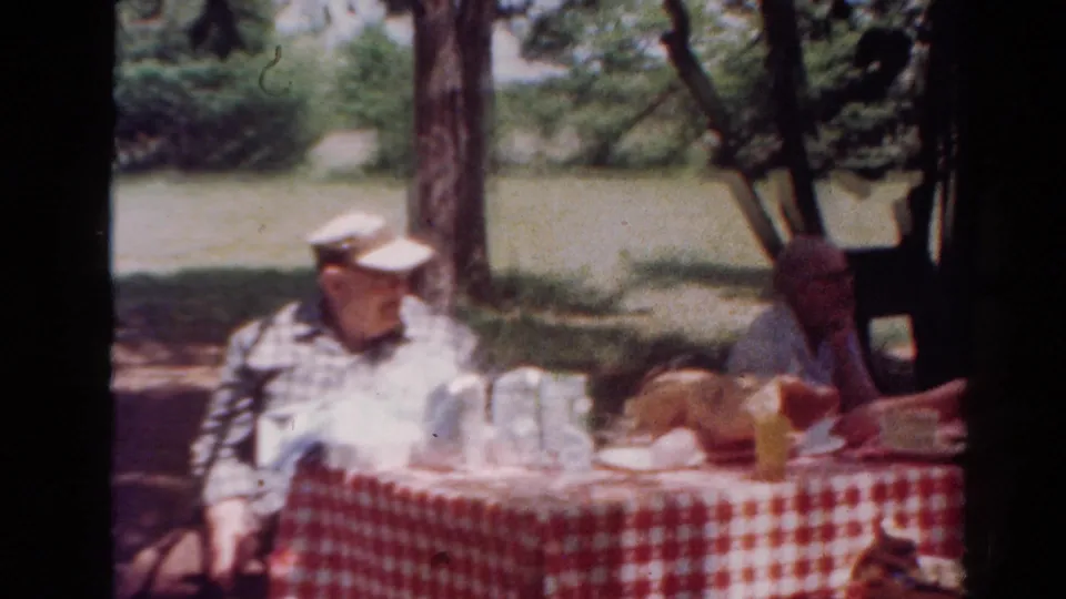 The final frame shows the seated man at the checkered picnic table with another adult partly visible nearby in the wooded park setting.