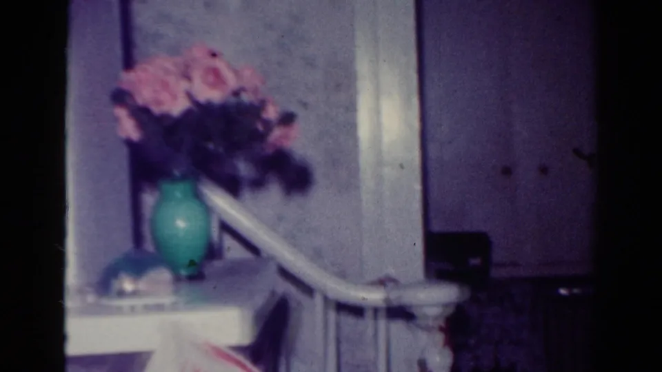 A 1954 Toledo holiday interior shows a green vase with pink flowers beside a white stair rail and nearby wall surfaces.