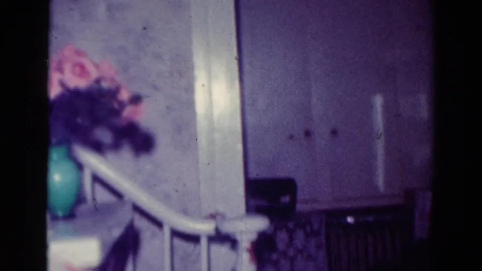 The final 1954 Toledo frame holds on the decorated stair area, with flowers, rail, wall panels, and part of the red stocking visible.
