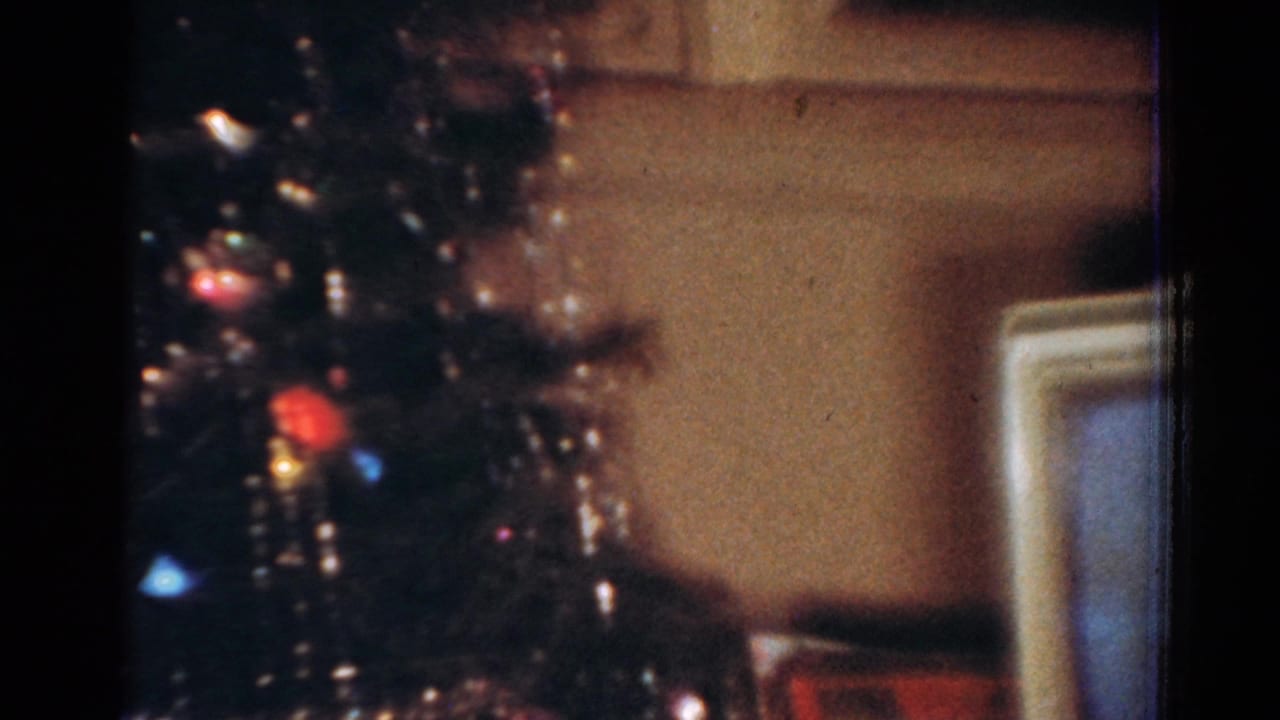 1954 Toledo holiday interior with tinsel-covered Christmas tree branches and the edge of a small CRT television.