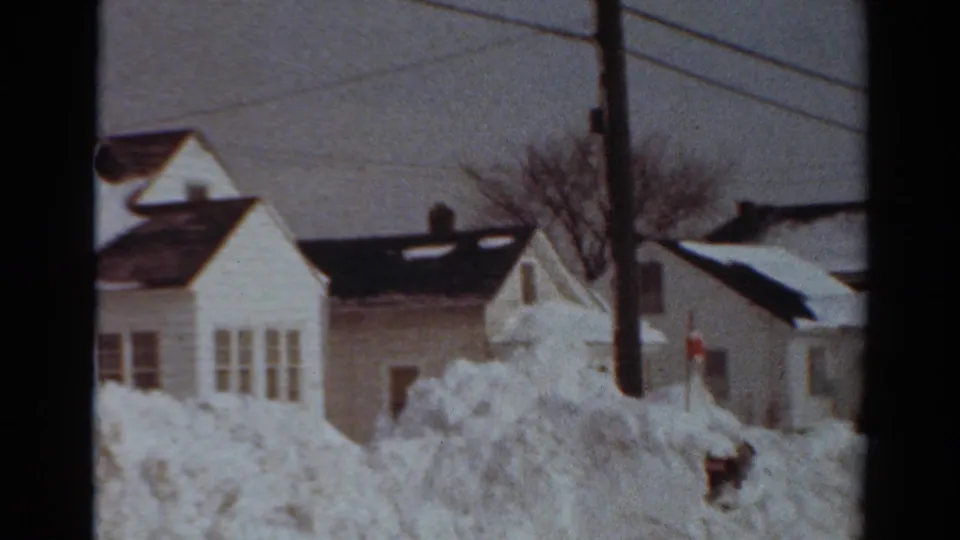 Toledo winter home-movie frame with snow-covered houses, a utility pole, bare tree branches, and a small dog near the snowbank.