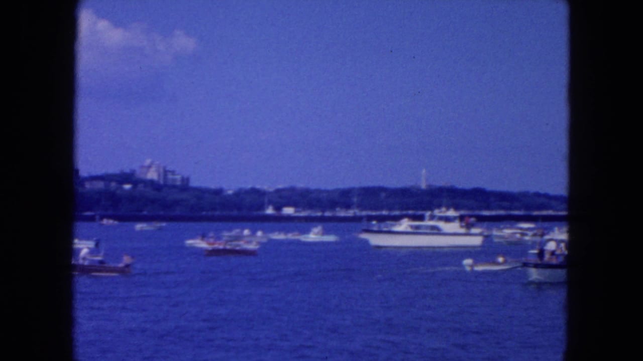 Harbor view with small boats, yachts, distant shoreline, and blue water under a bright sky.