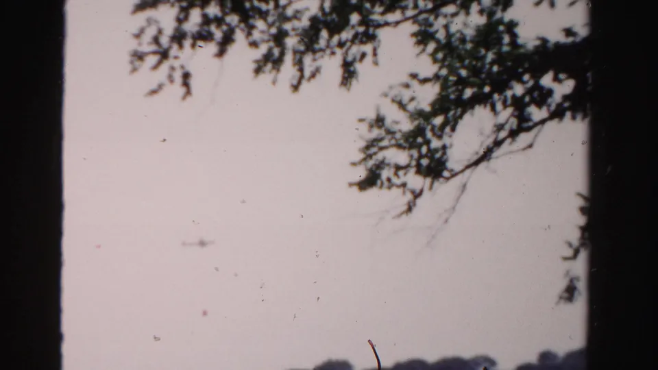 1955 8mm frame looking across open parkland toward a distant Washington Monument, with tree branches and dark film borders visible.