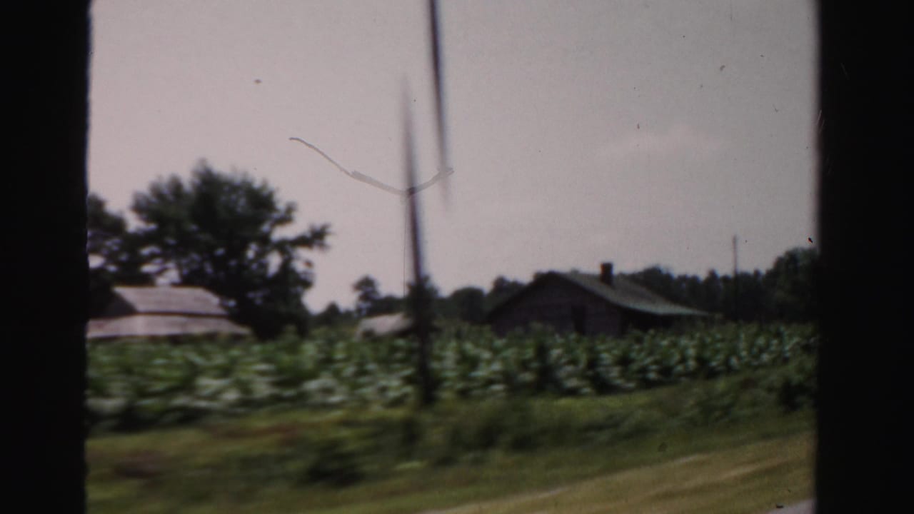Farm field with a small house and trees, blurred by vehicle motion.