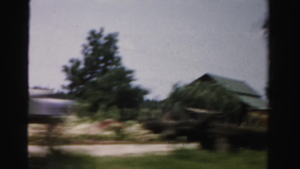 1955 Dade County car-window view of a rural yard with trees, brush, low buildings, and pale roadside ground.
