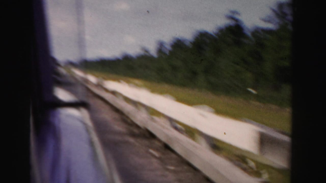 Moving car view past a white wooden guardrail, grass, trees, and road shoulder.