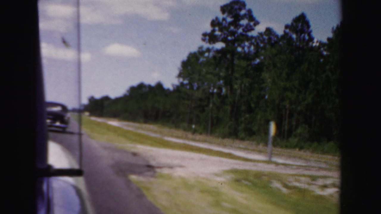 A rural Dade County, Florida road and pine-lined shoulder pass by through the vehicle window in 1955 home-movie footage.