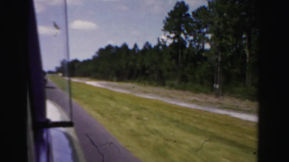 A grassy roadside and pine trees slide past the vehicle window in 1955 Dade County, Florida home-movie footage.