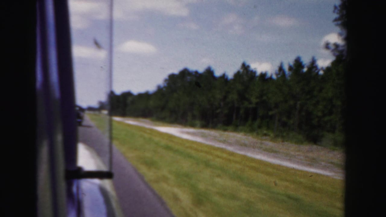 Roadside view with grass, trees, sky, and the edge of a car window.