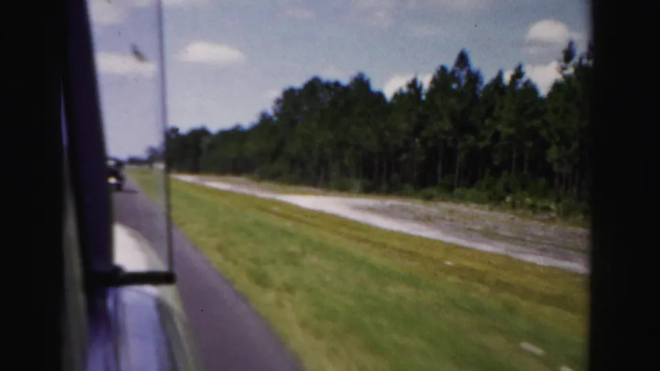 1950s home-movie view from inside a moving car, with roadside grass, pine trees, a utility pole, and soft motion blur.