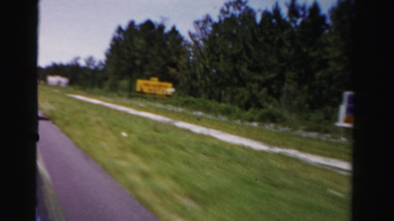 Roadside grass, trees, and a yellow sign seen from a moving vehicle.