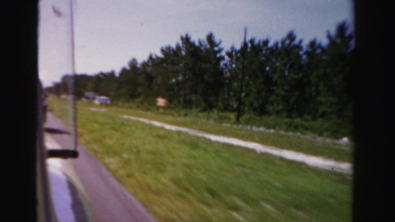 1955 Dade County, Florida road view from a car, with grassy shoulder, pine trees, and distant blurred signs.