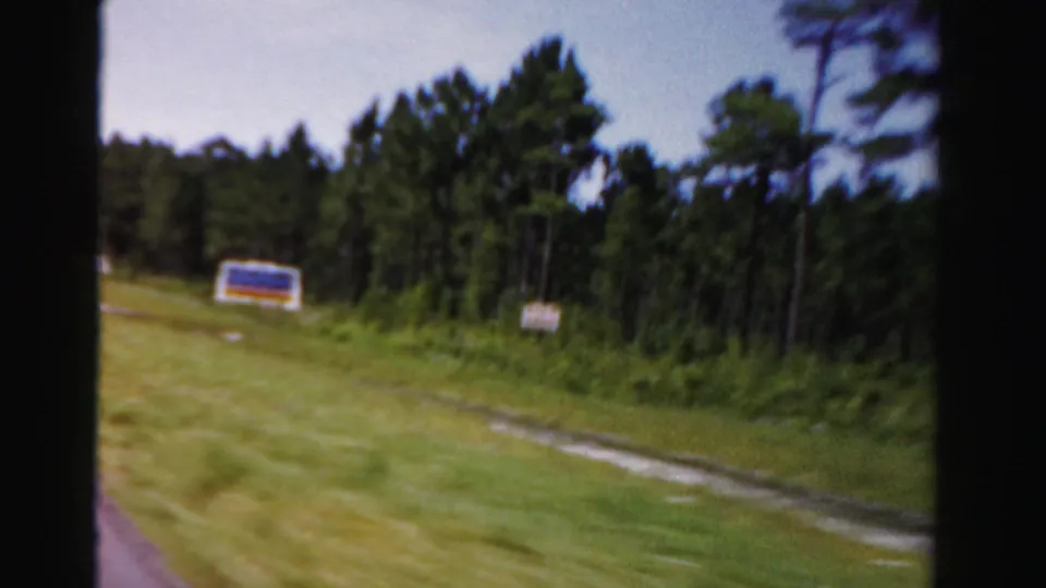A blue and orange roadside sign passes along a wooded Dade County road in this 1955 car-window view.