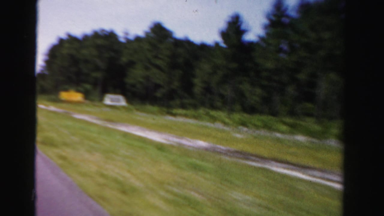 Roadside view from a moving car with grass, a dirt path, trees, and distant signs.