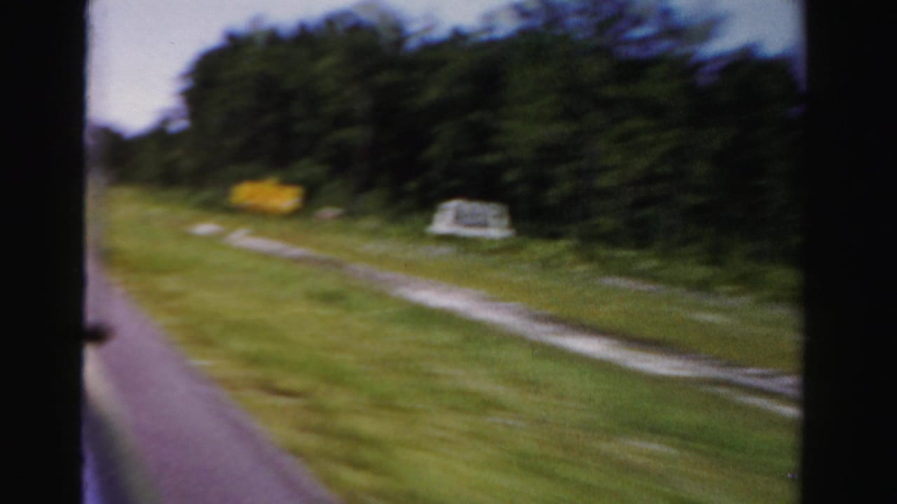 Moving-car view in Dade County, Florida, showing a grassy roadside, pale path, trees, and blurred yellow and white signs.