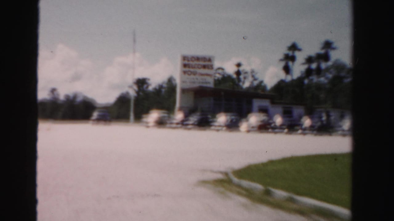 Roadside Florida Welcomes You sign beside parked cars and palm trees.