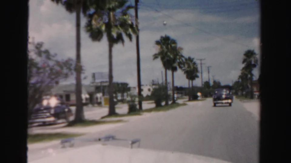 1955 Dade County Florida road view from inside a moving car, showing palms, utility poles, a dark car ahead, and low buildings.