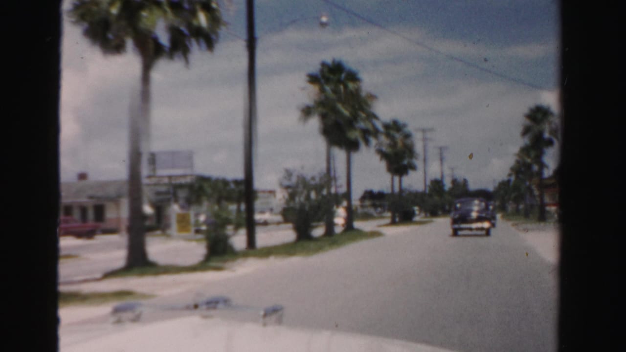 1955 Dade County home-movie view from a moving car on a palm-lined road with a dark automobile ahead and low roadside buildings nearby.