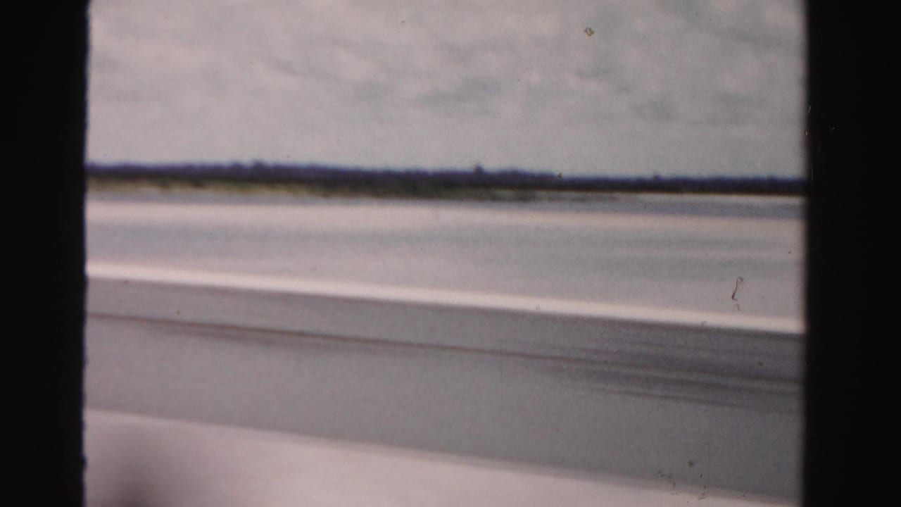 View from a moving car beside water and a low shoreline.